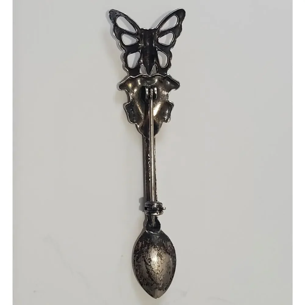 Vintage Sterling Silver Heart Butterfly Spoon Pin Brooch